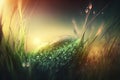 a close up of water droplets on a green grass with a sunset in the background of the image in the backgrouund Royalty Free Stock Photo