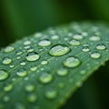 Close-up of water droplets on a green leaf, displaying surface tension and reflections. Royalty Free Stock Photo
