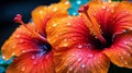 A close up of water droplets on a vibrant flower petal, with different colors and reflections