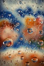 Close up on water drops background on blue, yellow, brown surface. Water droplets with reflections in them. Royalty Free Stock Photo