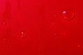 Close up of water drops on dark red tone background. Abstract red wet texture with bubbles on plastic PVC surface or grunge. Royalty Free Stock Photo