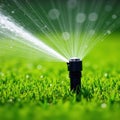 Close up of water spraying from lawn sprinkler head, water, garden, sprinkler head