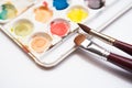 close-up of watercolors palette and brush bristles on white background Royalty Free Stock Photo