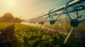 Close up of watering system in the field. An irrigation pivot watering a field