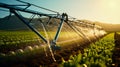 Close up of watering system in the field. An irrigation pivot watering a field