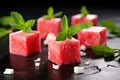 close-up of watermelon cubes beside crumbled feta cheese Royalty Free Stock Photo