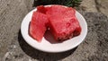 Close up of watermelon pieces on white plate.