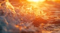 A close up of an amber wave in the ocean under a sunset sky with orange clouds