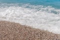 Close up waves blue sea water on sand beach with bubbles Royalty Free Stock Photo