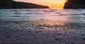 Close-up of waves spreading out over a beach at colorful yellow sunset. Sea crystal bay. Reflection of sun rays on water Royalty Free Stock Photo