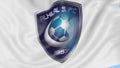 Close-up of waving flag with Al Hilal FC football club logo, seamless loop, blue background. Editorial animation. 4K