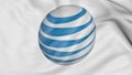 Close up of waving flag with American Telephone and Telegraph Company AT&T logo, 3D rendering