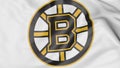 Close-up of waving flag with Boston Bruins NHL hockey team logo, 3D rendering