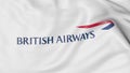 Close-up of waving flag with British Airways logo, editorial 3D rendering