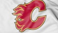 Close-up of waving flag with Calgary Flames NHL hockey team logo, 3D rendering