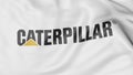 Close-up of waving flag with Caterpillar Inc. logo, editorial 3D rendering