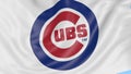 Close-up of waving flag with Chicago Cubs MLB baseball team logo, seamless loop, blue background. Editorial animation