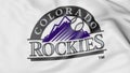 Close-up of waving flag with Colorado Rockies MLB baseball team logo, 3D rendering Royalty Free Stock Photo