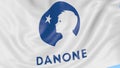 Close-up of waving flag with Danone logo, seamless loop, blue background, editorial animation. 4K ProRes