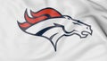 Close-up of waving flag with Denver Broncos NFL American football team logo, 3D rendering