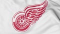 Close-up of waving flag with Detroit Red Wings NHL hockey team logo, 3D rendering