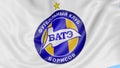 Close-up of waving flag with FC BATE Borisov football club logo, seamless loop, blue background. Editorial animation. 4K