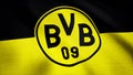 Close-up of waving flag with FC Borussia Dortmund football club logo, seamless loop. Editorial animation