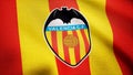 Close-up of waving flag with FC Valencia football club logo, seamless loop. Editorial animation