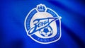 Close-up of waving flag with FC Zenit football club logo, seamless loop. Editorial animation