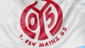 Close-up of waving flag with FSV Mainz 05 II football club logo, seamless loop, blue background. Editorial animation. 4K