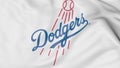 Close-up of waving flag with Los Angeles Dodgers MLB baseball team logo, 3D rendering