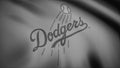 Close-up of waving flag with Los Angeles Dodgers MLB baseball team logo monochrome, tv noise. Editorial animation