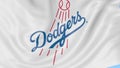 Close-up of waving flag with Los Angeles Dodgers MLB baseball team logo, seamless loop, blue background. Editorial