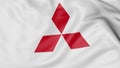 Close up of waving flag with Mitsubishi logo, 3D rendering