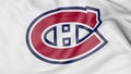 Close-up of waving flag with Montreal Canadiens NHL hockey team logo, 3D rendering