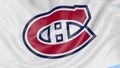 Close-up of waving flag with Montreal Canadiens NHL hockey team logo, seamless loop, blue background. Editorial