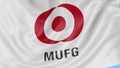 Close up of waving flag with MUFG logo, seamless loop, blue background. Editorial animation. 4K ProRes, alpha