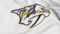 Close-up of waving flag with Nashville Predators NHL hockey team logo, 3D rendering