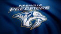 Close-up of waving flag with Nashville Predators NHL hockey team logo, seamless loop. Editorial animation Royalty Free Stock Photo