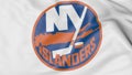 Close-up of waving flag with New York Islanders NHL hockey team logo, 3D rendering