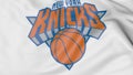 Close-up of waving flag with New York Knicks NBA basketball team logo, 3D rendering