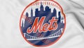 Close-up of waving flag with New York Mets MLB baseball team logo, 3D rendering