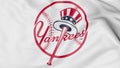 Close-up of waving flag with New York Yankees MLB baseball team logo, 3D rendering