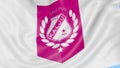 Close-up of waving flag with Nomme Kalju FC football club logo, seamless loop, blue background. Editorial animation. 4K