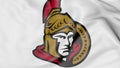 Close-up of waving flag with Ottawa Senators NHL hockey team logo, 3D rendering