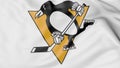 Close-up of waving flag with Pittsburgh Penguins NHL hockey team logo, 3D rendering Royalty Free Stock Photo