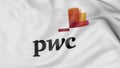 Close up of waving flag with PricewaterhouseCoopers PwC logo, 3D rendering
