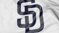 Close-up of waving flag with San Diego Padres MLB baseball team logo, 3D rendering