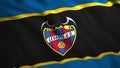 Close up of waving flag of Spanish football club Levante UD. Motion. Realistic football club logo on a waving flag. For