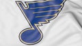 Close-up of waving flag with St. Louis Blues NHL hockey team logo, 3D rendering